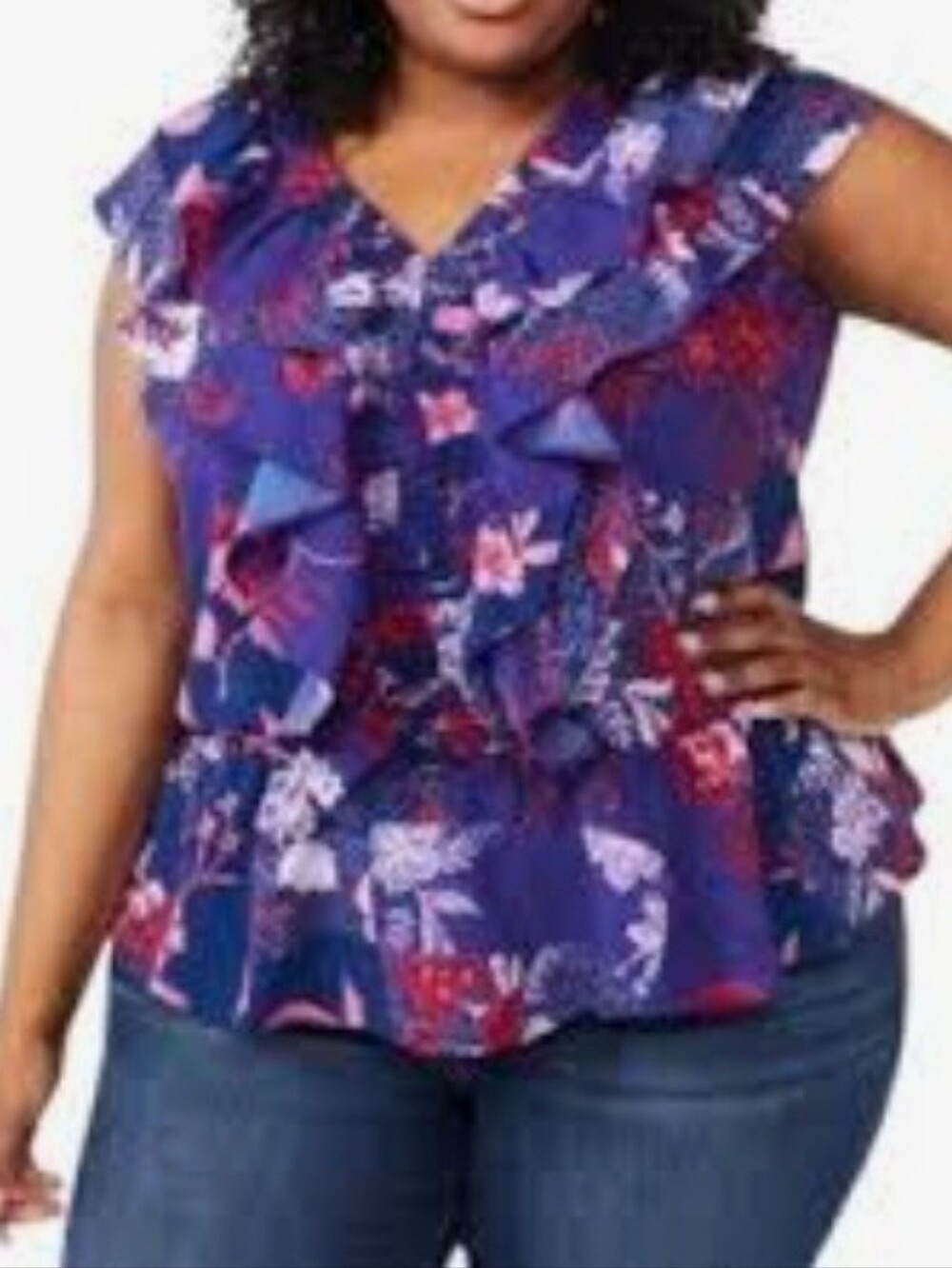 NWT Sophia Vergara Navy Blue Ruffled Floral V-Neck Sleeveless Blouse Sz XL